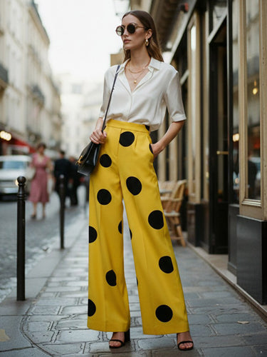 Elasticated Waist High Waisted Contrast Color Pockets Polka-Dot Split-Joint Pants