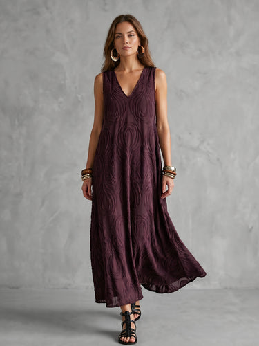 1785148 A-Line Loose Jacquard Solid Color V-Neck Midi Dresses