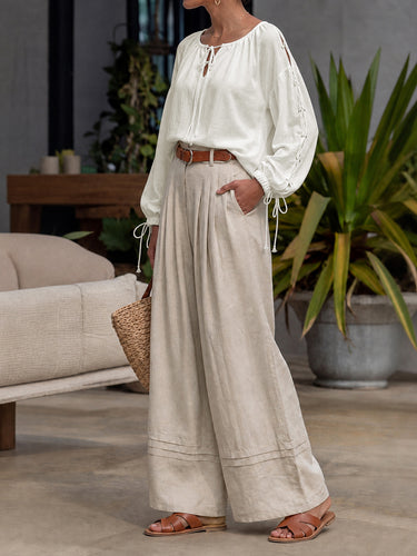 Split-Joint Solid Color Pleated Hollow Drawstring Loose Long Sleeves Cold shoulder Blouses&shirts Tops