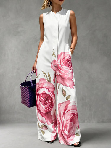 Combinaisons taille haute amples à imprimé floral avec poches plissées et col rond