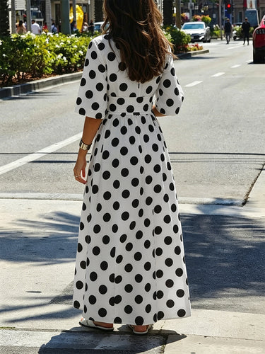 Robe trapèze demi-manches boutonnée, couleur contrastée, élastique, revers à pois, robes longues, robe chemise