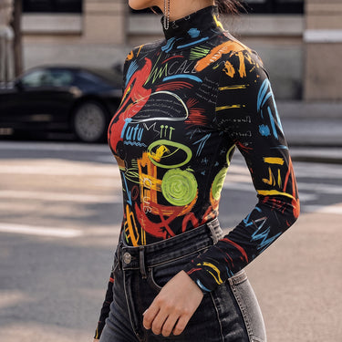 Printed Letter Print Contrast Color Skinny Long Sleeves Mock Neck T-Shirts Tops