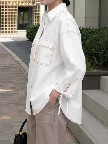 Loose Seven-Quarter Sleeves Buttoned Line Pockets Solid Color Tied Lapel Blouses&Shirts Tops