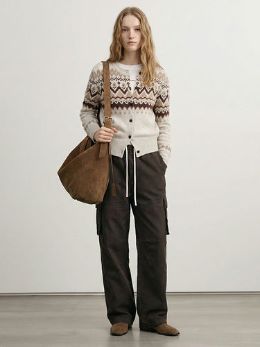 1730511 Long Sleeves Loose Buttoned Contrast Color Geometric Jacquard Split-Joint Round-Neck Outerwear Sweater