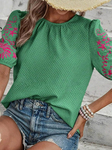 1753173 Loose Short Sleeves Bow-Embellished Contrast Color Split-Joint Round-Neck Blouses&Shirts Tops