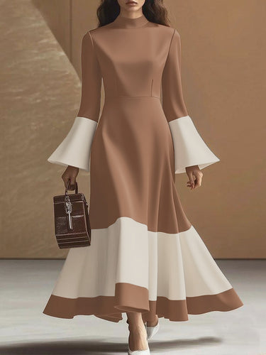 Flared Sleeves High Waisted Contrast Color Pleated Split-Joint Mock Neck Maxi Dresses