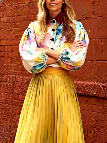 Long Sleeves Puff Sleeves Buttoned Contrast Color Print Lapel Blouses&Shirts Tops