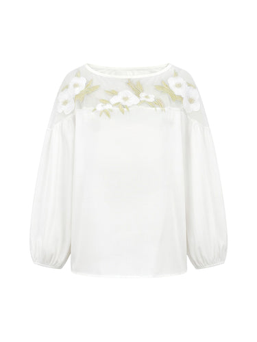 Loose Puff Sleeves Applique Flower Shape Mesh Split-Joint Round-Neck Blouses&Shirts Tops