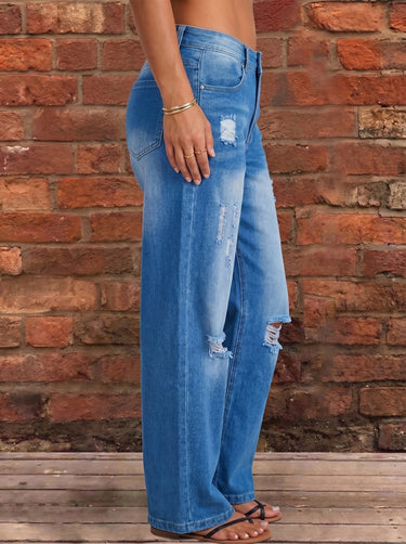 1781268 High Waisted Wide Leg Buttoned Hollow Pockets Split-Joint Jean Pants Bottoms