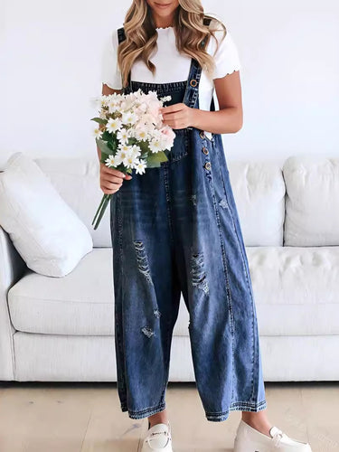 1783232 Cropped Wide Leg Buttoned Pockets Solid Color Adjustable Straps Overalls
