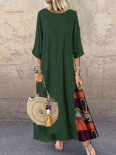 1782303 Loose Plus Size Buttoned Contrast Color Printed Round-Neck Midi Dresses