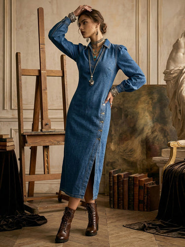 1757287 Long Sleeves Loose Asymmetric Buttoned Solid Color Split-Joint Split-Side Lapel Midi Dresses