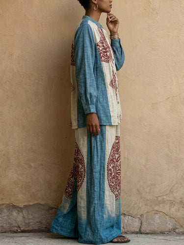 Long Sleeves Loose Buttoned Contrast Color Ethnic Printed Split-Joint Round-Neck Blouses&Shirts Tops