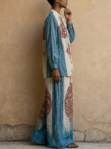 Long Sleeves Loose Buttoned Contrast Color Ethnic Printed Split-Joint Round-Neck Blouses&Shirts Tops