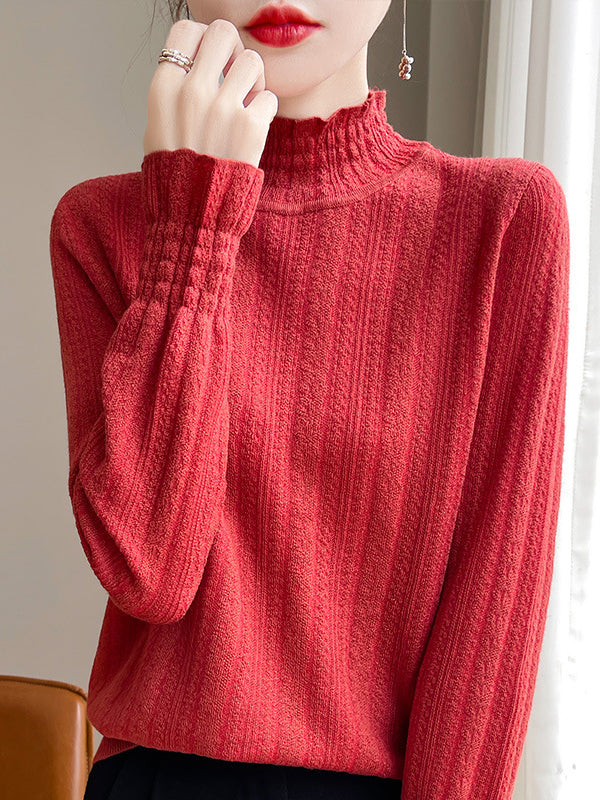Solid Color Ruffle Trim Long Sleeves Loose Elasticity Ruffle Trim Solid Color Mock Neck T-Shir ...