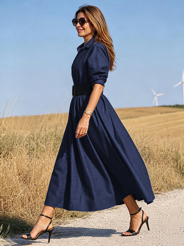Solid Color Pleated Buttoned Belted Loose Long Sleeves Lapel Shirt Dress Maxi Dresses