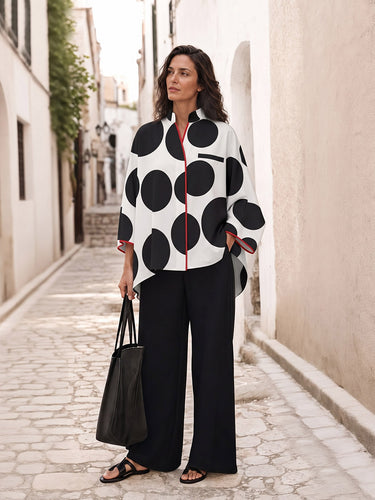 Polka-Dot Contrast Color Three-quarter Sleeves Loose Stand Collar Blouses&shirts Tops