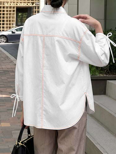 Loose Seven-Quarter Sleeves Buttoned Line Pockets Solid Color Tied Lapel Blouses&Shirts Tops