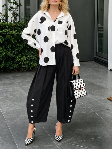 Pockets Pleated Contrast Color Buttoned Wide Leg High Waisted Trousers Pants
