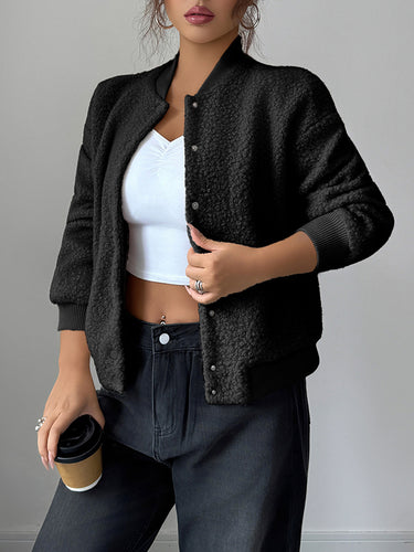 1725218 Long Sleeves Buttoned Elasticity Pockets Solid Color Collarless Jackets&Coats