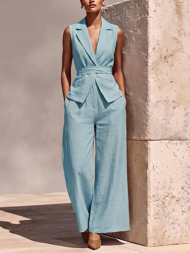 1789038 Solid Color Notched Collar Tied Sleeveless Vest Top + High Waisted Pockets Pants Trousers Two Pieces Set
