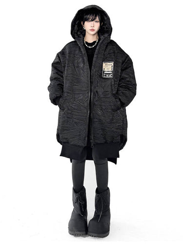 1720071 High-Low Irregularity Abstract Printed Contrast Color Split-Joint Zipper Hooded Outerwear Overcoat