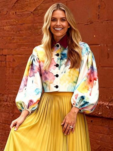 Long Sleeves Puff Sleeves Buttoned Contrast Color Print Lapel Blouses&Shirts Tops