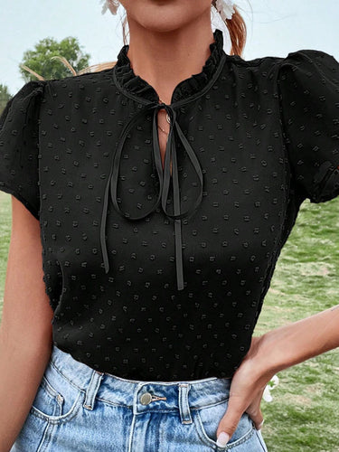 1497307 Puff Sleeves Short Sleeves Falbala Lace-Up Solid Color Blouses&Shirts Tops