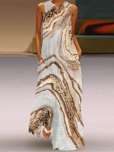 1739010 A-Line Loose Contrast Color Pockets Printed Split-Joint V-Neck Maxi Dresses