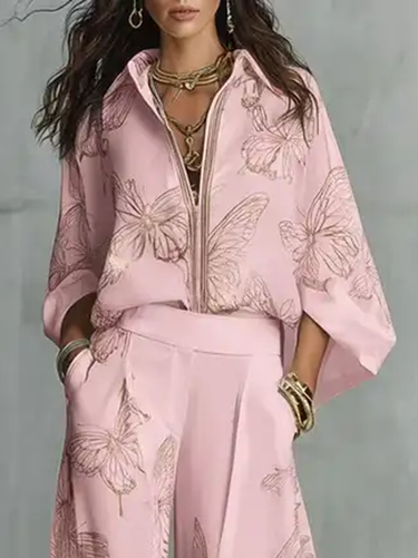 Contrast Color Butterfly Print Loose Long Sleeves V-Neck Blouses&Shirts Tops