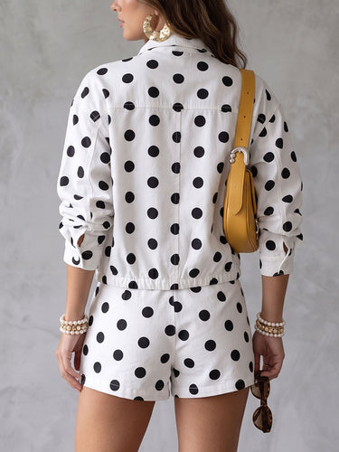 1788027 Polka Dot Contrast Color Buttoned Loose Long Sleeves Stand Collar Outerwear