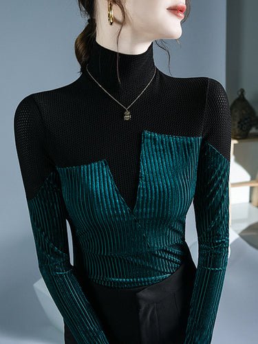 1726657 Long Sleeves Skinny Contrast Color Split-Joint High Neck T-Shirts Tops