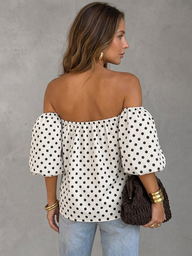 1786003 Half Sleeves Loose Backless Contrast Color Elasticity Polka Dot Off-The-Shoulder Blouses&Shirts Tops