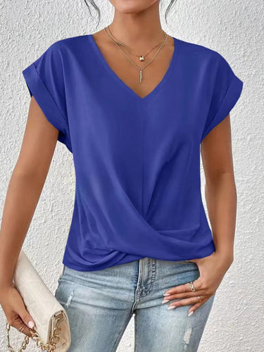 1768326 Lockere, kurze Ärmel, plissierte, einfarbige T-Shirts mit V-Ausschnitt