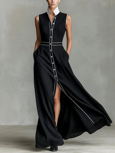 A-Line High Waisted Buttoned Contrast Color Pockets Split-Joint Lapel Maxi Dresses