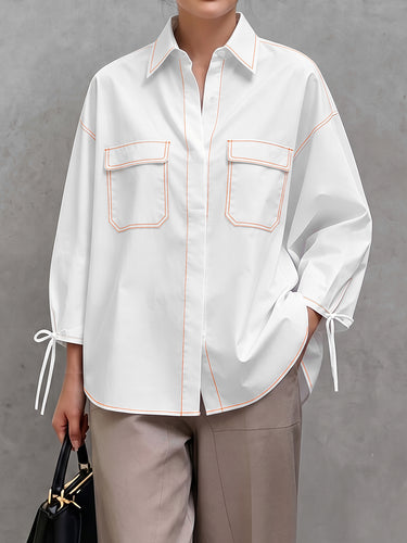 Loose Seven-Quarter Sleeves Buttoned Line Pockets Solid Color Tied Lapel Blouses&Shirts Tops