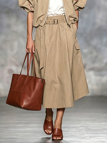 Solid Color Pockets Elasticity Belted Loose A-line Skirts