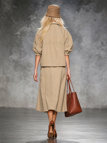 Zipper Drawstring Contrast Color Loose Half Sleeves Lapel Outerwear