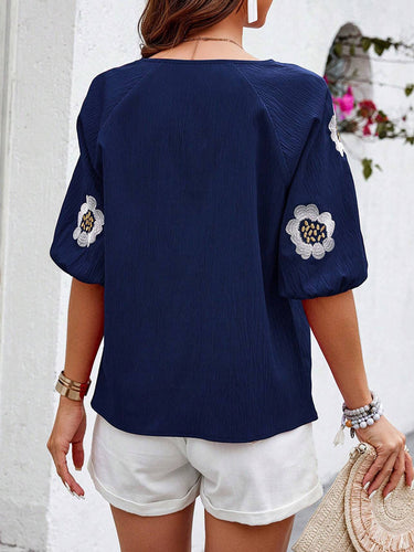 1780445 Half Sleeves Loose Contrast Color Embroidered Tied V-Neck Blouses&Shirts Tops