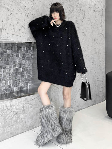 1720195 Long Sleeves Loose Beads Contrast Color Shiny Split-Joint Round-Neck Mini Dresses Sweater Dresses