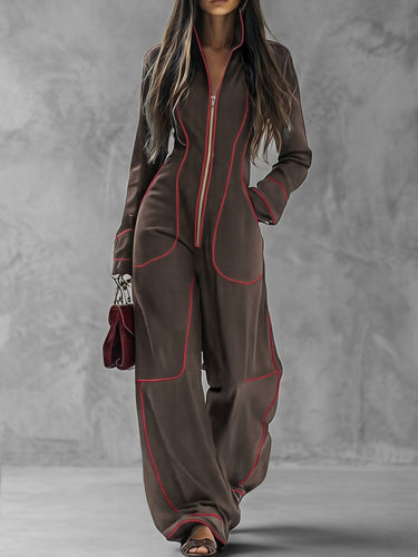 Long Sleeves Wide Leg Zipper Stand Collar Jumpsuits