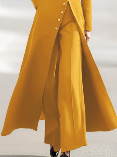 High Waisted Long Sleeves Buttoned Solid Color Split-Front Round-Neck Midi Dresses