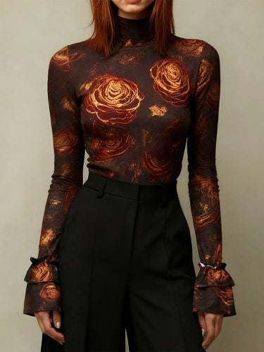 Blusen und Hemden mit ausgestellten Ärmeln, langen Ärmeln, Blumenmuster und hohem Kragen 