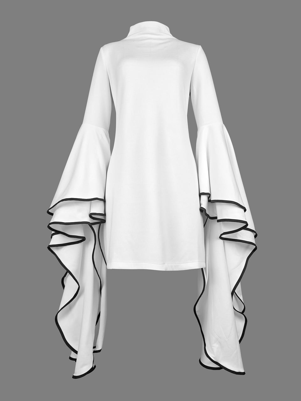 Drawstring Pleated Solid Color High-Low Long Sleeves Stand Collar Mini Dresses