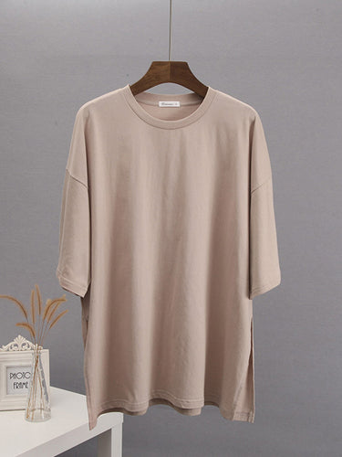 1784030 Loose Short Sleeves Solid Color Split-Side Round-Neck T-Shirts Tops