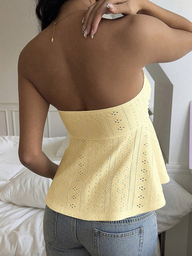 1752120 Skinny Sleeveless Backless Hollow Pleated Solid Color Split-Joint Tied Tube Vest Top