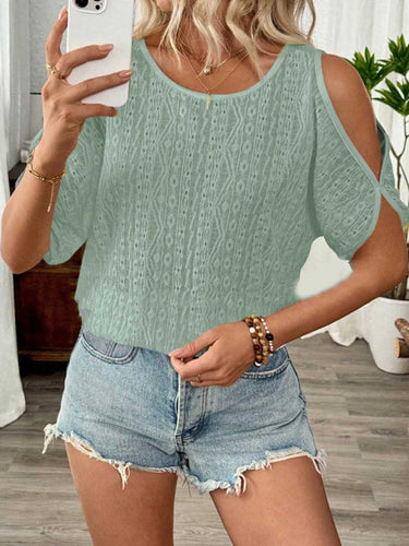 1752153 Loose Short Sleeves Solid Color Split-Joint Textured Cold Shoulder Blouses&Shirts Tops