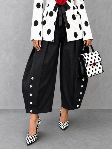 Pockets Pleated Contrast Color Buttoned Wide Leg High Waisted Trousers Pants