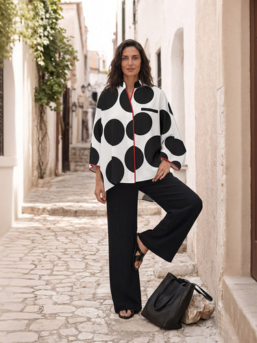Polka-Dot Contrast Color Three-quarter Sleeves Loose Stand Collar Blouses&shirts Tops
