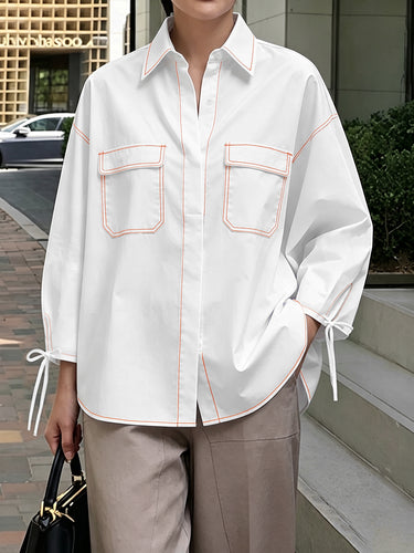 Loose Seven-Quarter Sleeves Buttoned Line Pockets Solid Color Tied Lapel Blouses&Shirts Tops